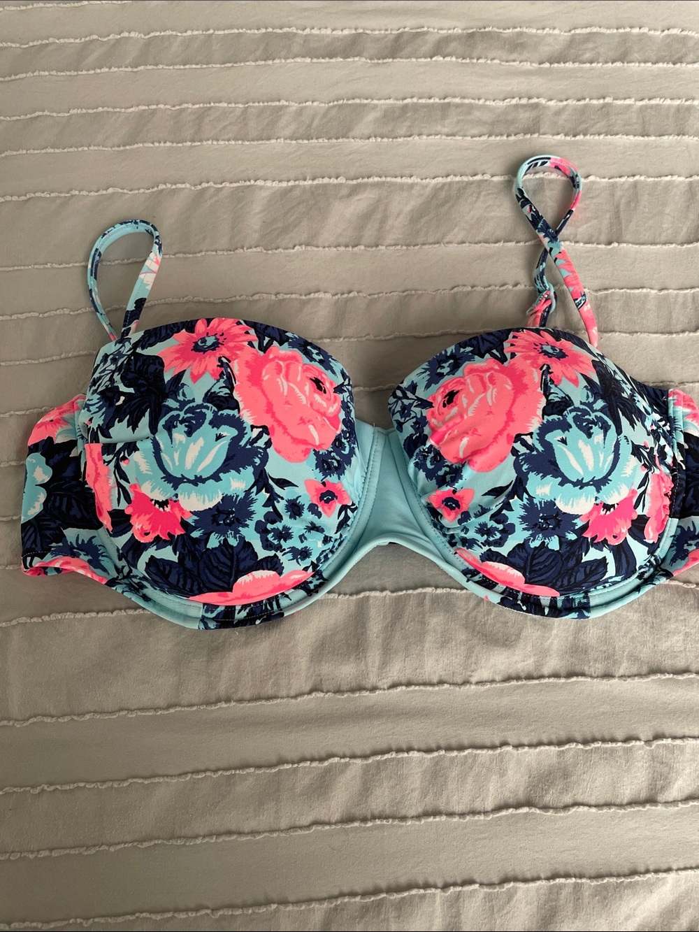 Seafolly US 12 (AUS 16) blue/navy/coral floral print balconet bra style swim top